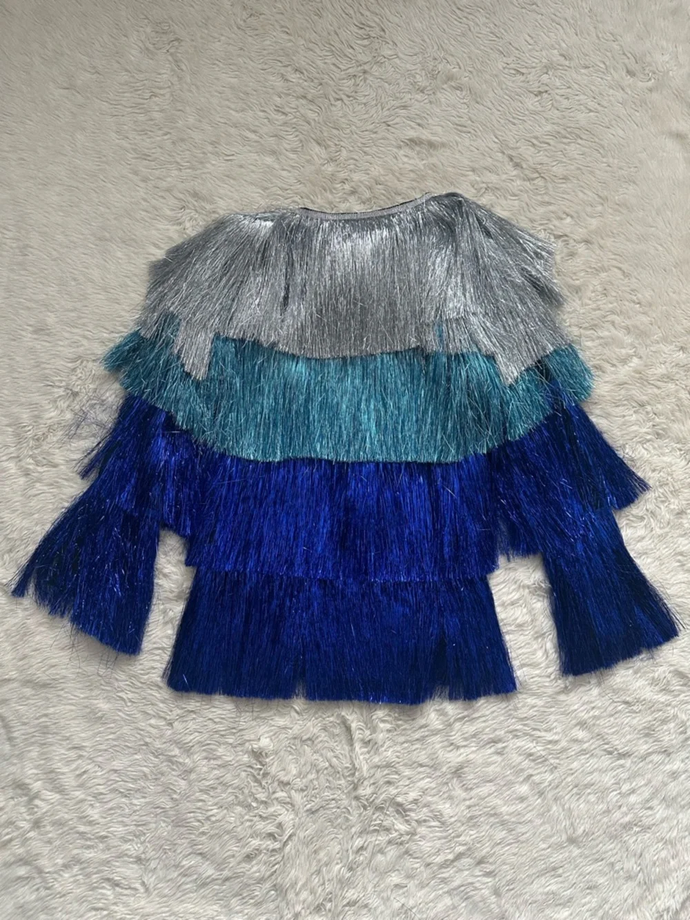 Nasty Gal Metallic Tiered Tinsel Fringe Open Front Jacket Rave Blue Sz 4 NWOT
